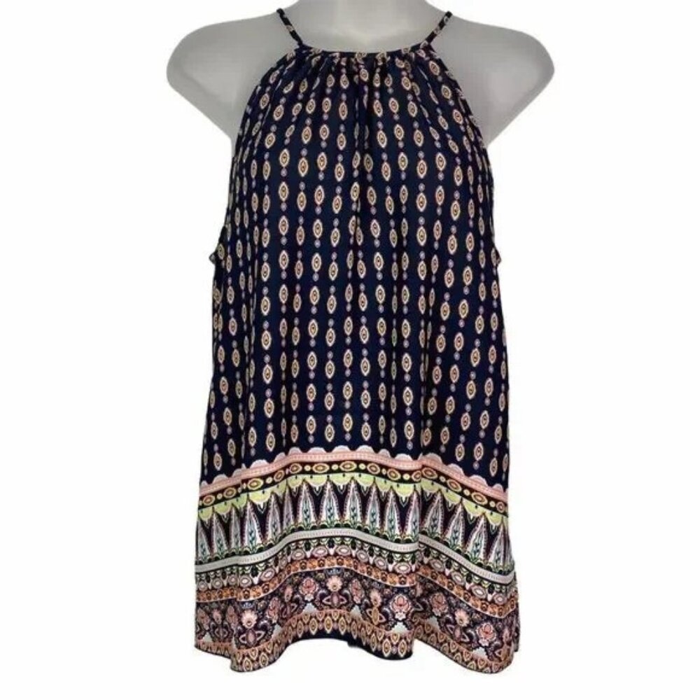 ALYA WOMENS NAVY/NEON PEACH PRINTED KEYHOLE CUT OUT SLEEVELESS BLOUSE MEDIUM-EUC